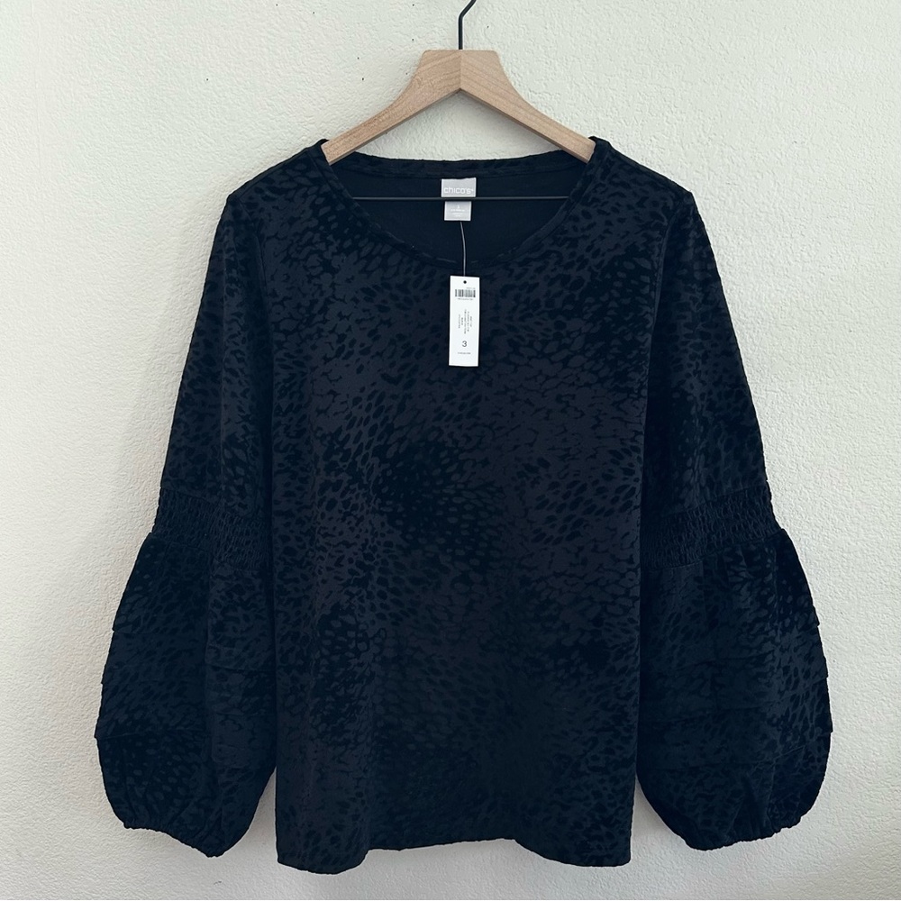 CHICO’S NWT 3 L XL Flocked Sleeve Knit Animal Print Blouson Sleeve Top in Black - Picture 2 of 9